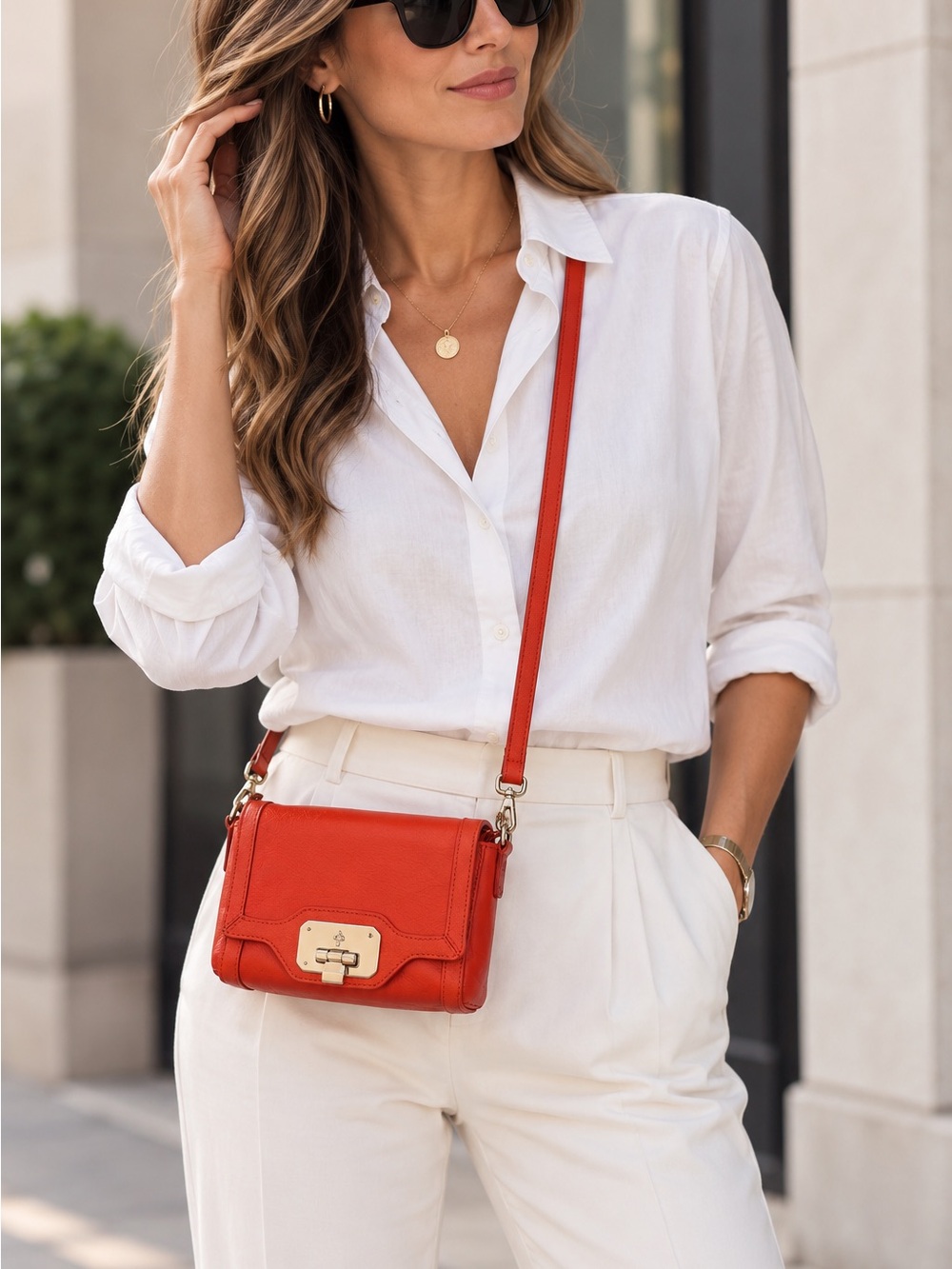 Cole Haan Orange Leather Crossbody with Gold Hardware